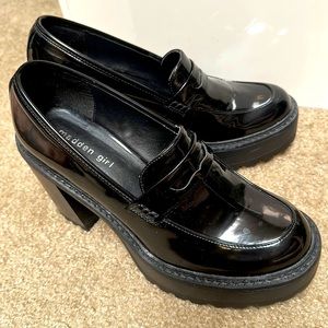 Madden girl lug sole loafer heel black patent leather size 9.5